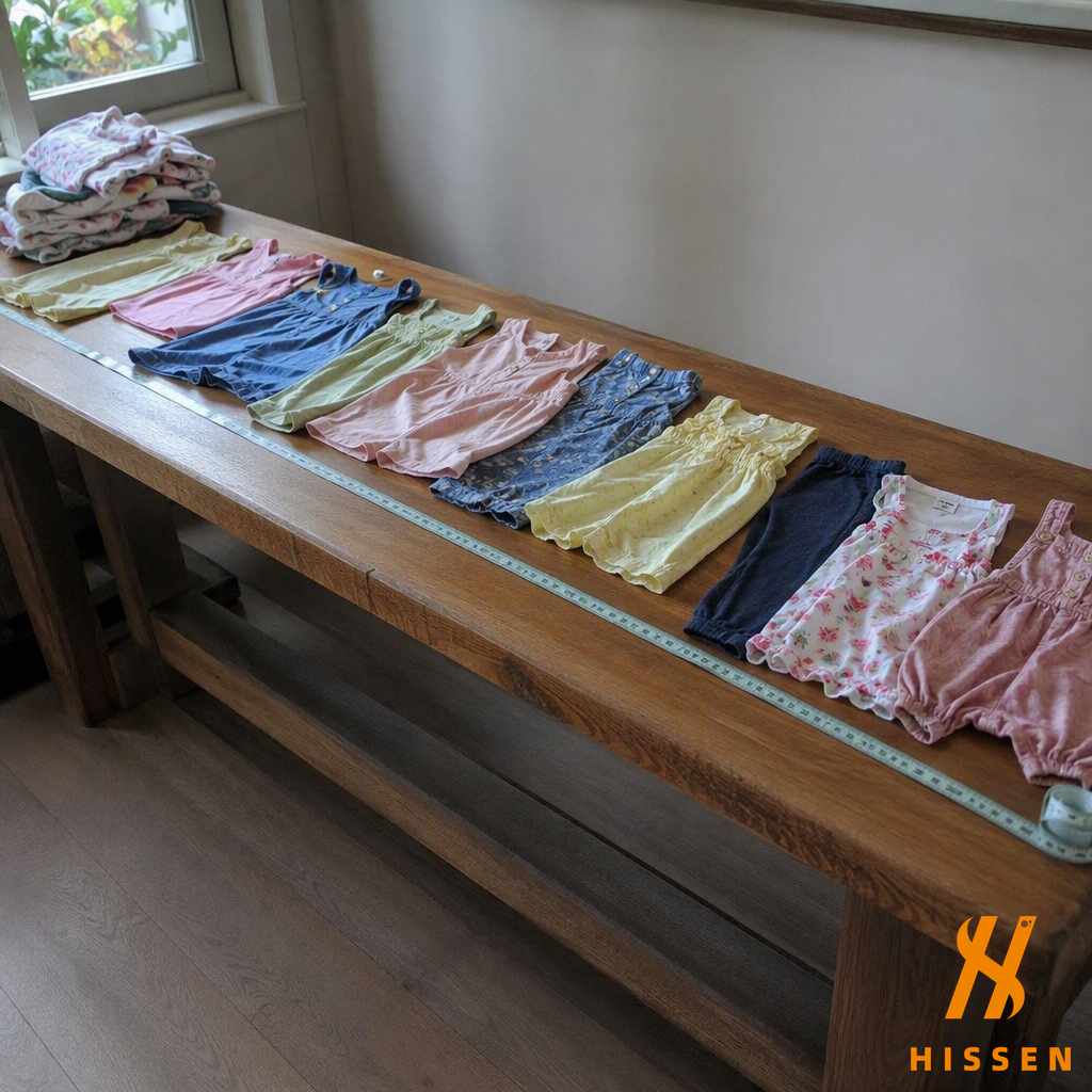 Ten pieces of children's clothing laid in a row on a wooden table with a cloth tape measure alongside