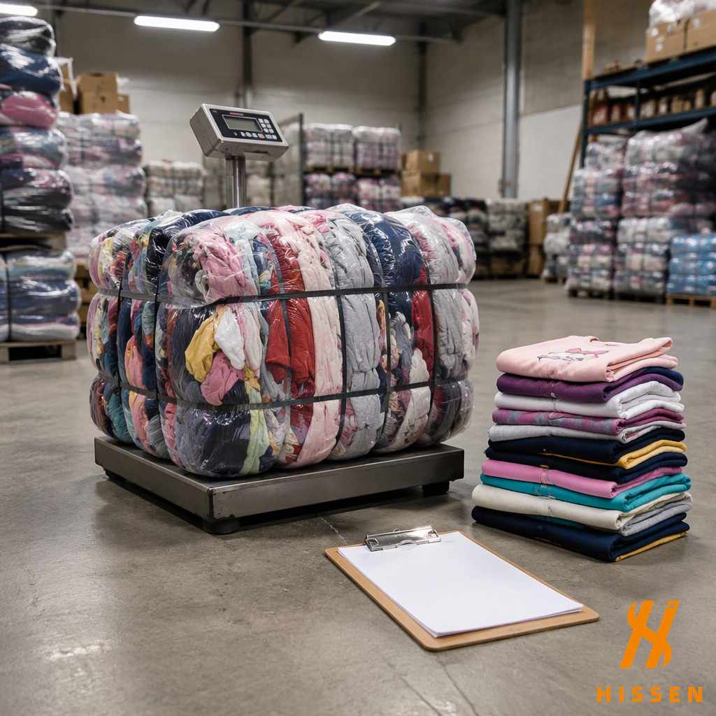 A compressed bale of children's clothing resting on a floor platform scale beside a stack of folded kids tops