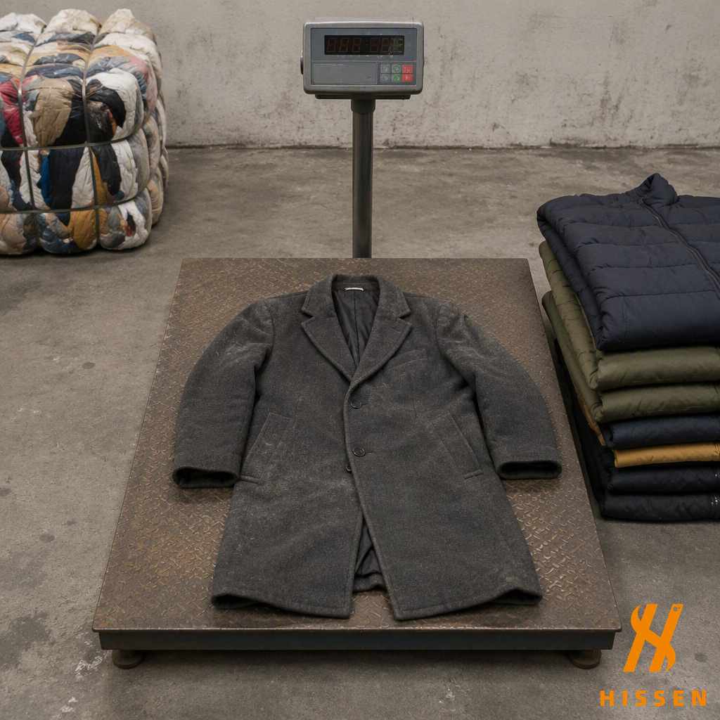 A worn wool overcoat laid flat on an industrial platform scale with a stack of padded jackets beside it