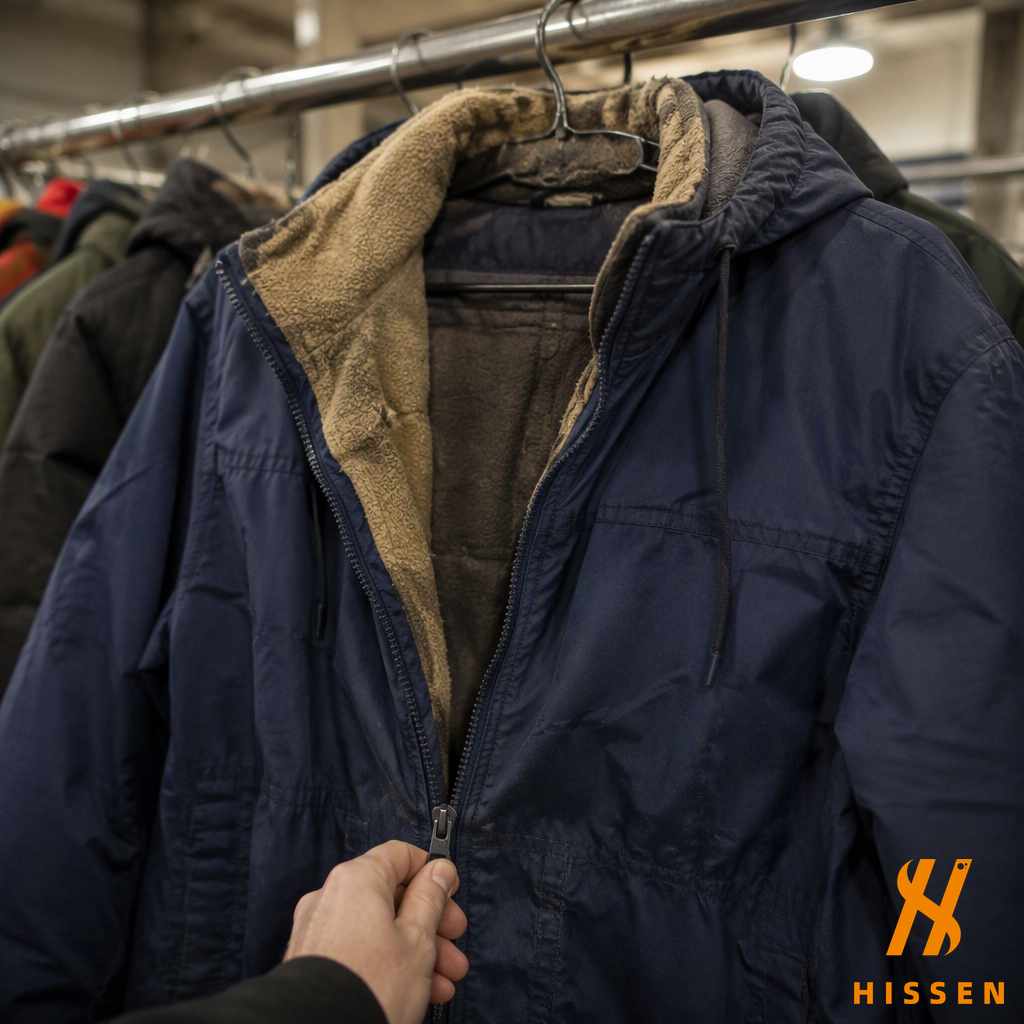 A hand pulling the main zip down the full length of a used winter jacket on a warehouse rail, worn fleece lining visible