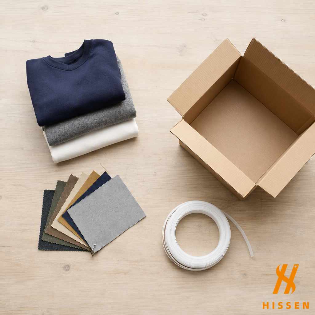 Overhead view of folded garments, fabric swatches, an open carton and packing strap laid out on a sorting table
