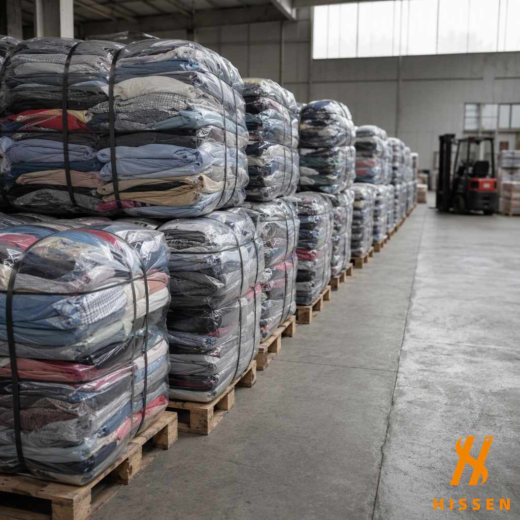 Compressed strapped bales of second hand clothing stacked on pallets in a warehouse