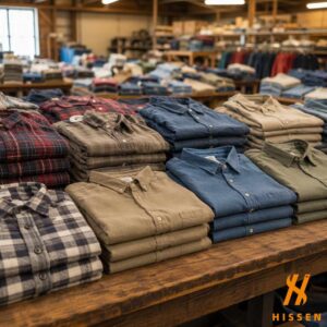 Neatly folded second hand button front shirts arranged in rows by colour on a wooden sorting table
