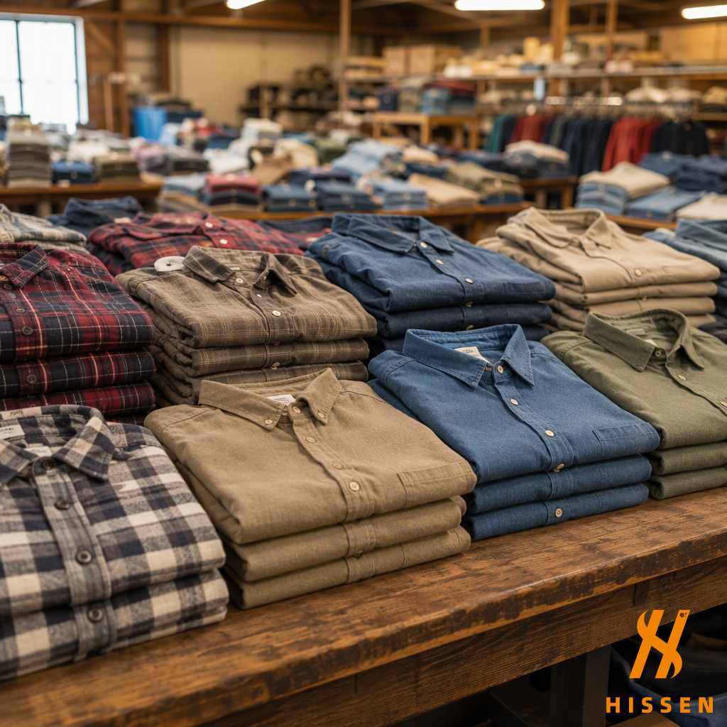 Neatly folded second hand button front shirts arranged in rows by colour on a wooden sorting table