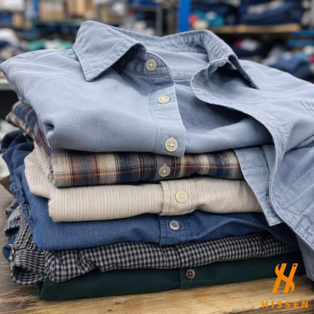 A stack of folded second hand shirts with collars and button plackets visible on a sorting bench