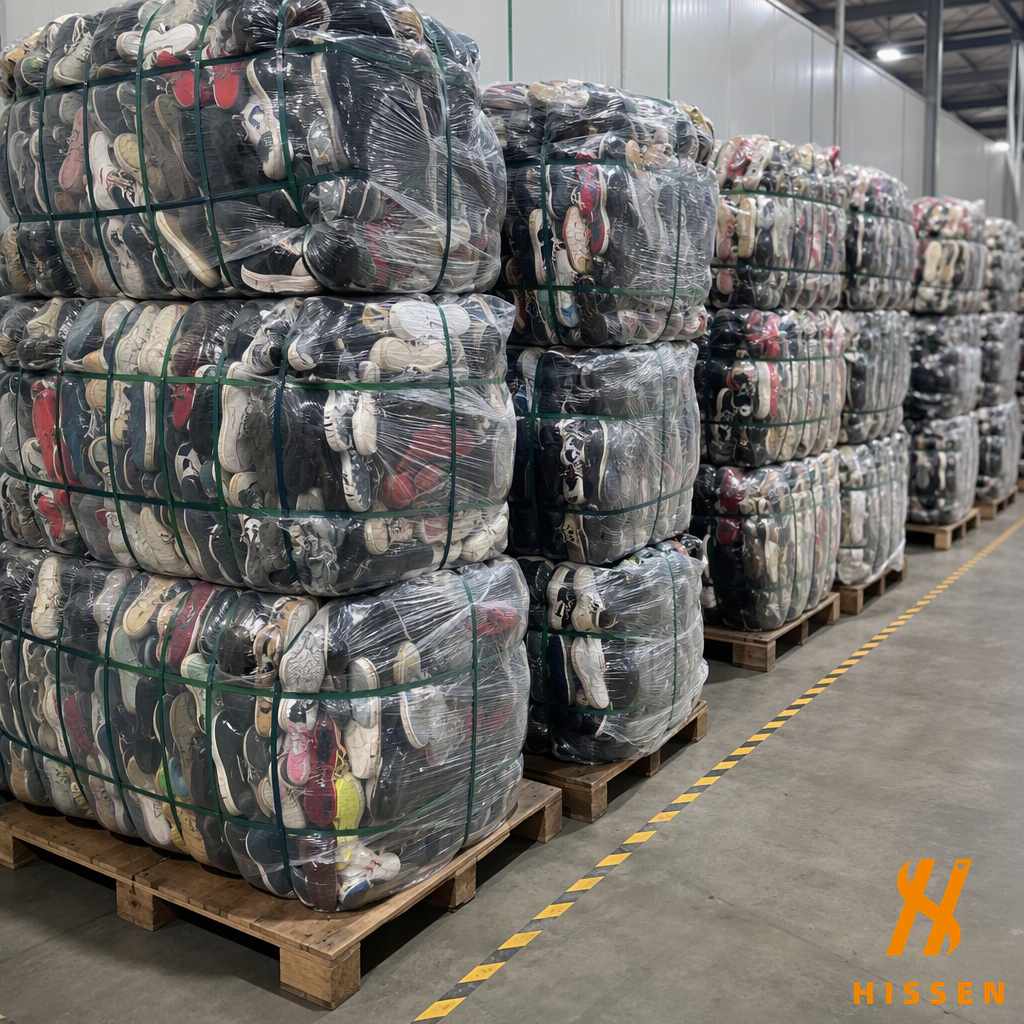 Compressed bales of second hand shoes wrapped in clear plastic and strapped with green banding, stacked on wooden pallets
