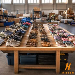 Second hand shoes arranged in rows on a wooden sorting table, running shoes, sandals and childrens shoes in separate lines