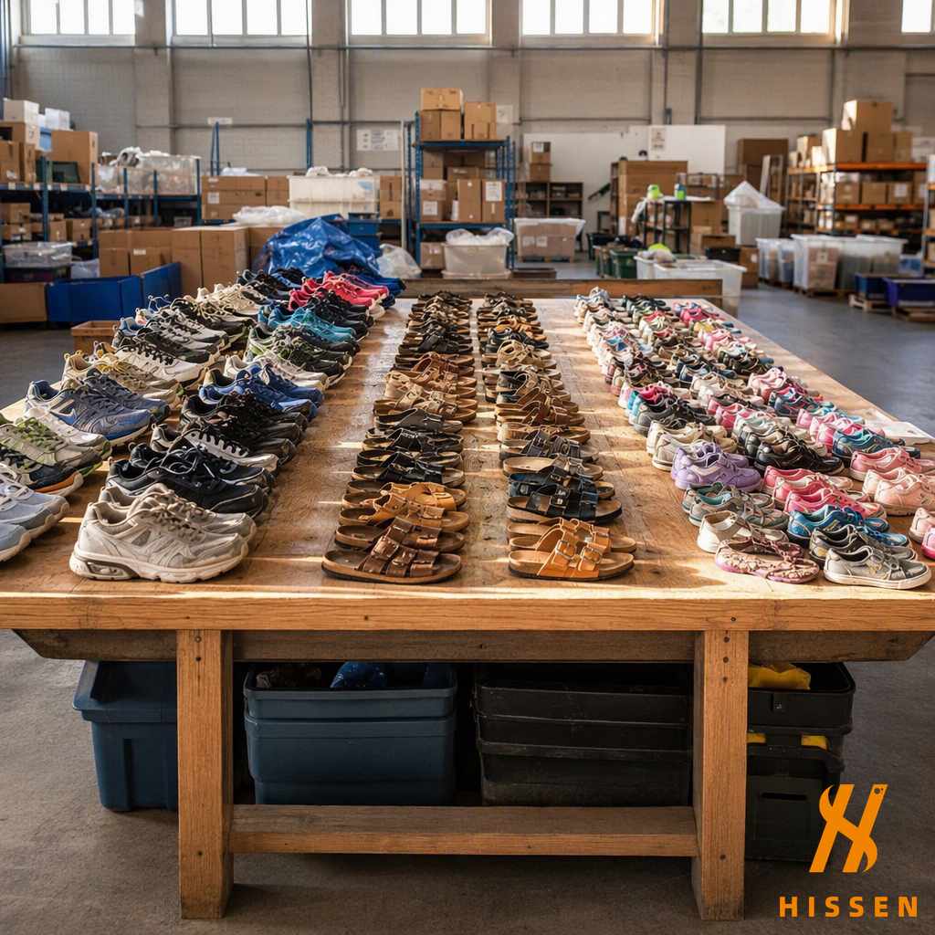 Second hand shoes arranged in rows on a wooden sorting table, running shoes, sandals and childrens shoes in separate lines
