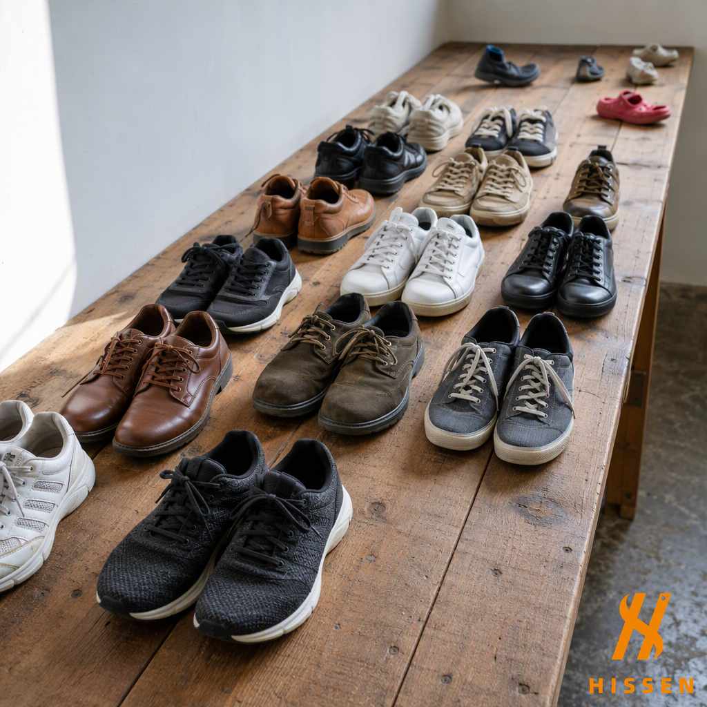 Matched pairs of second hand shoes laid side by side on a long wooden sorting bench, with a few unmatched singles at the far edge