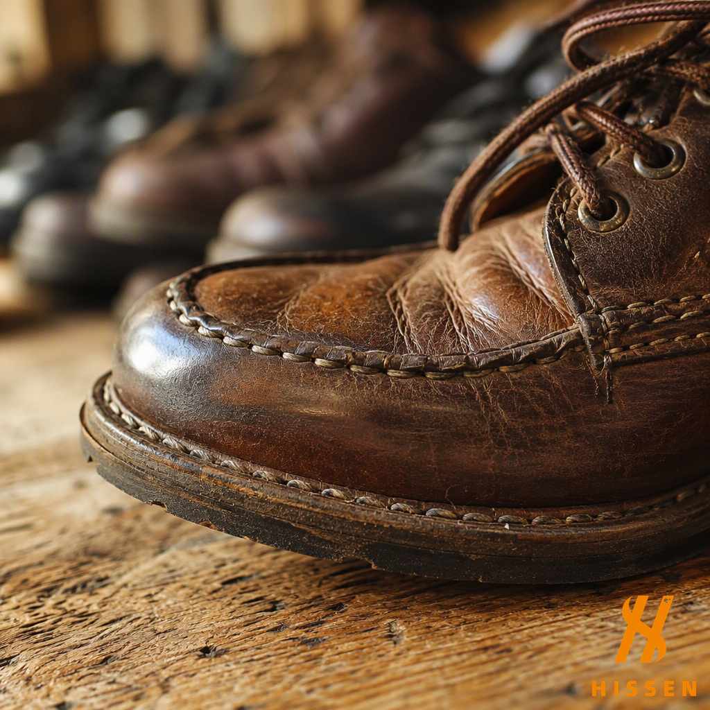 Close up of welt stitching, sole edge and laces on a worn leather shoe standing on a wooden sorting bench