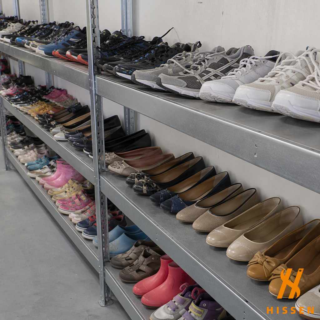 Rows of second hand shoes on metal shelving sorted from small to large, including trainers, flats and childrens shoes