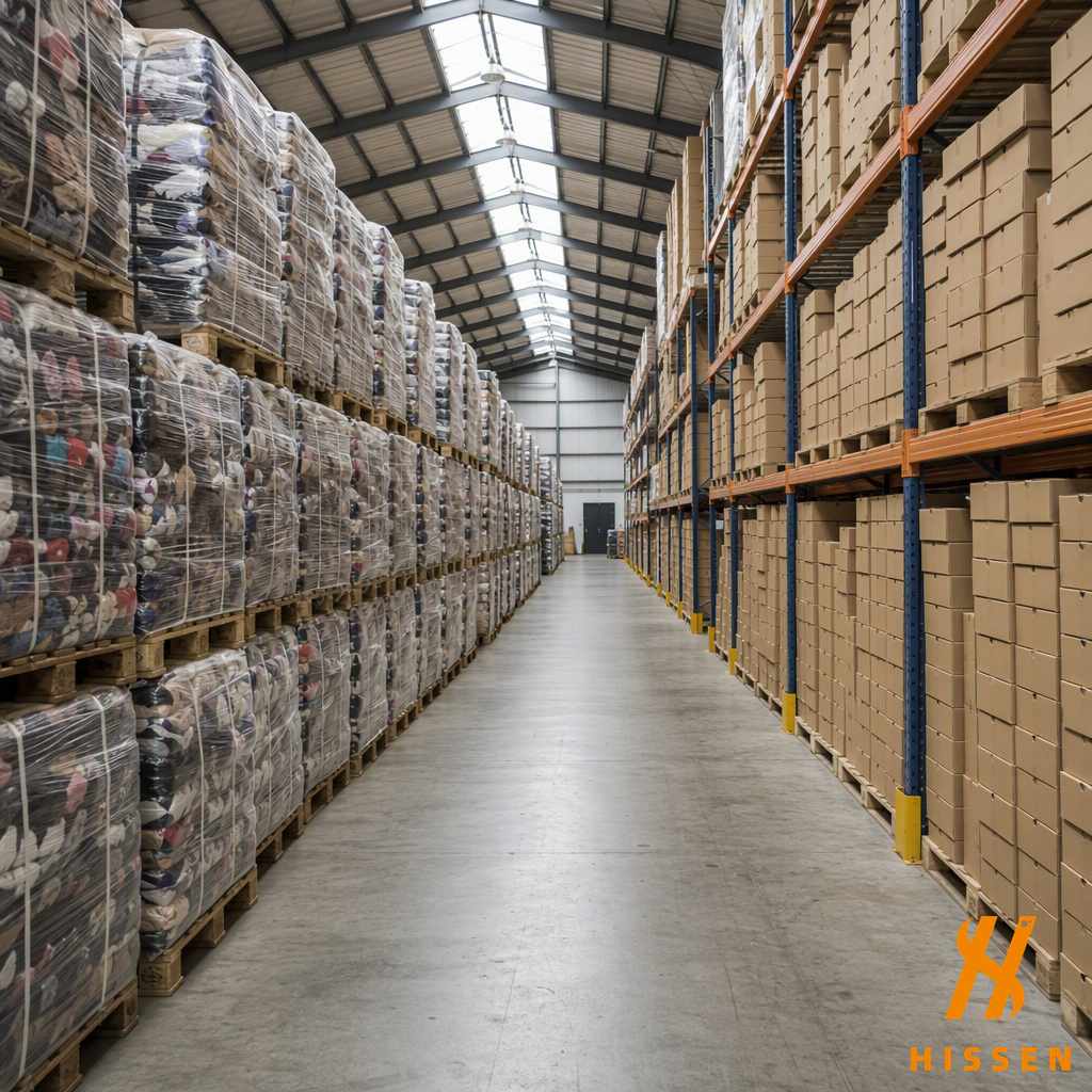 Warehouse aisle with pallets of shrink-wrapped second hand shoe bales on one side and racking of plain cardboard shoe boxes on the other