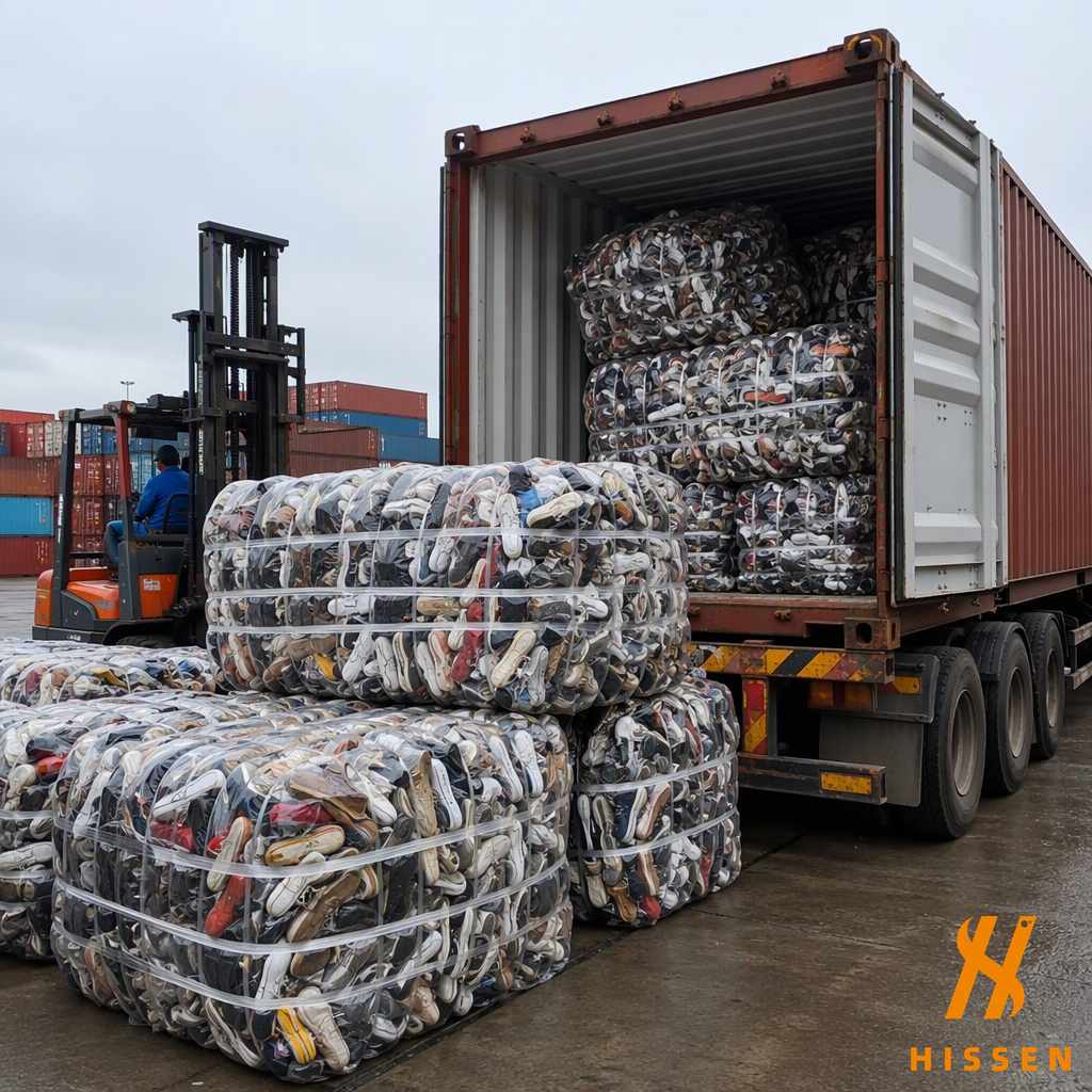 Plastic-wrapped bales of used shoes being loaded into a 40ft shipping container