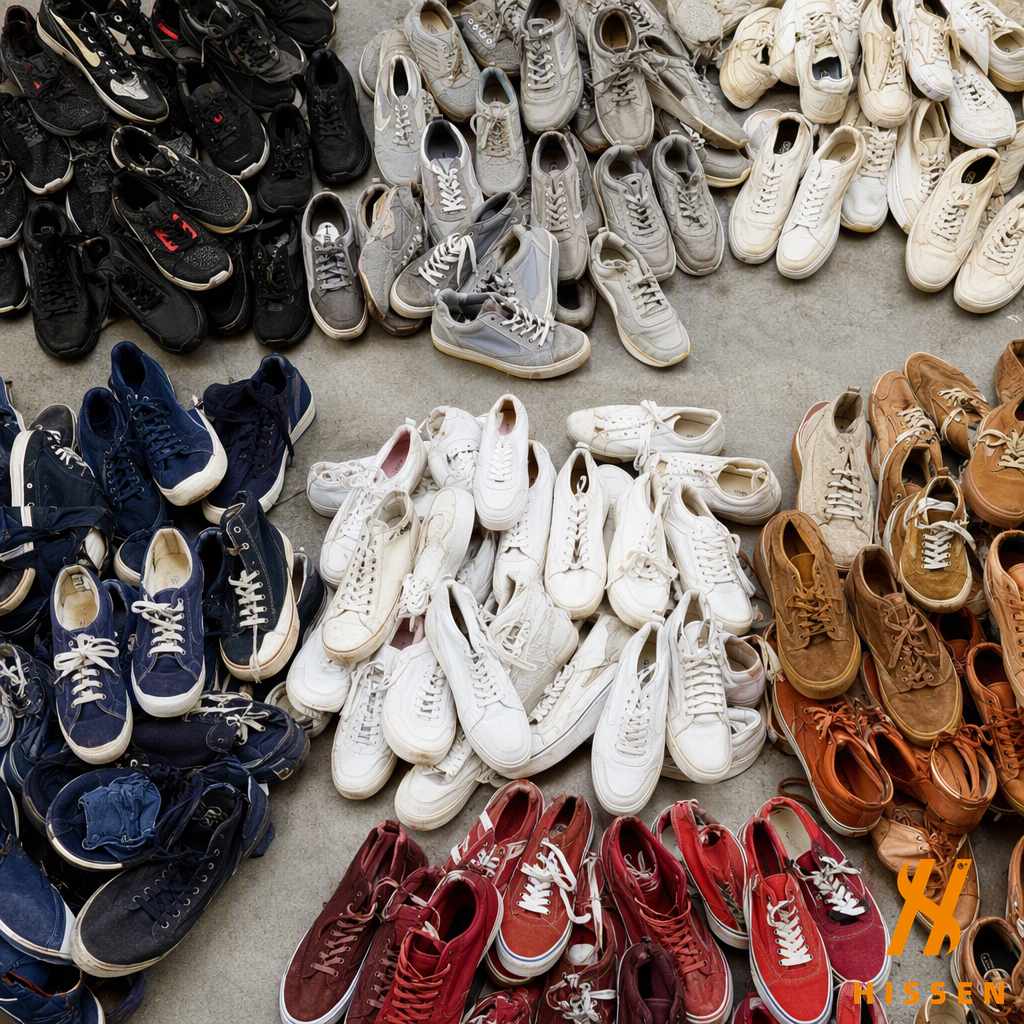 Used trainers and casual shoes sorted into graded piles by colour and type