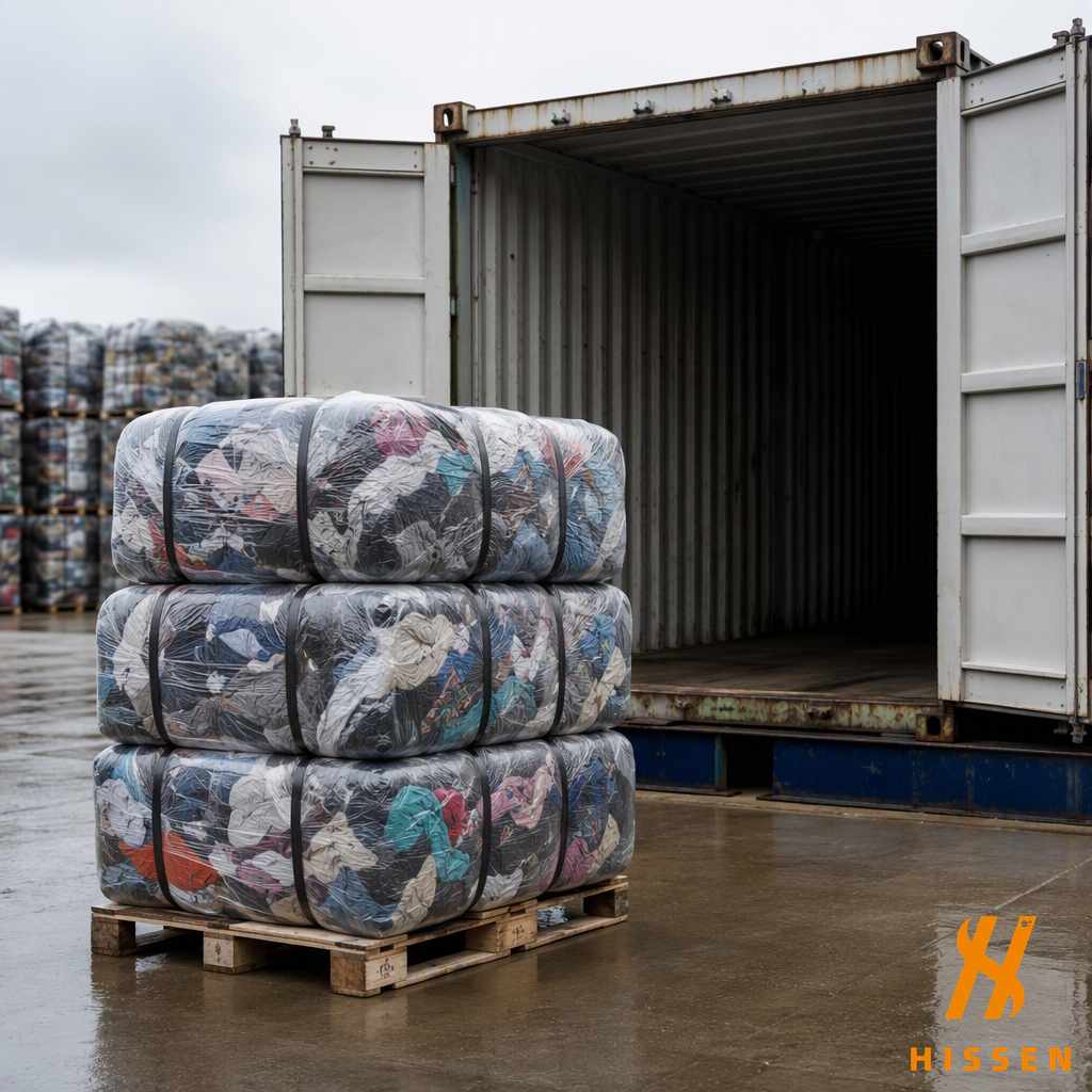 Strapped bales of compressed second hand clothing on a pallet beside the open doors of a shipping container
