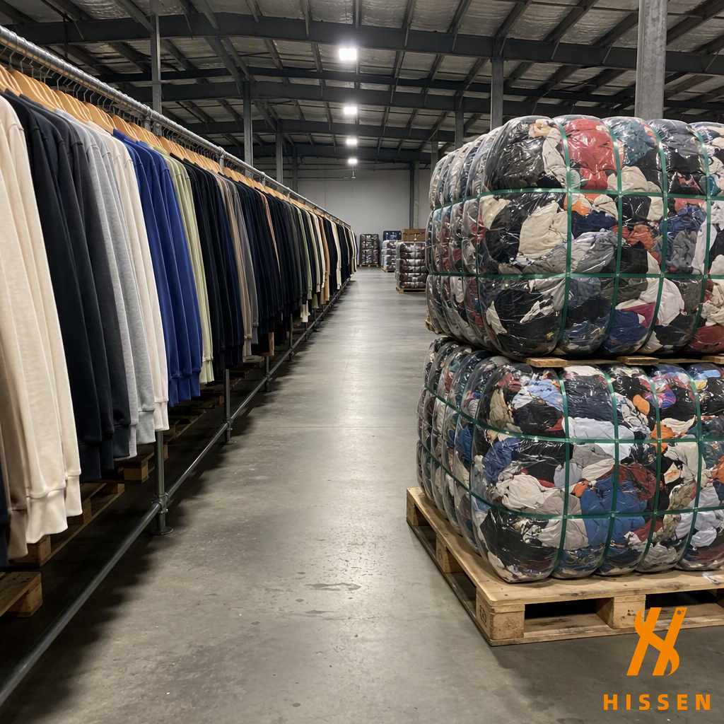 A warehouse aisle with new garments hanging on a rail on one side and compressed bales of second hand clothing on pallets on the other