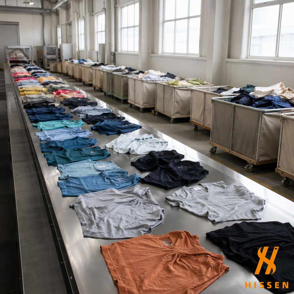 Garments spread flat on a sorting conveyor table being graded into separate piles in an export warehouse