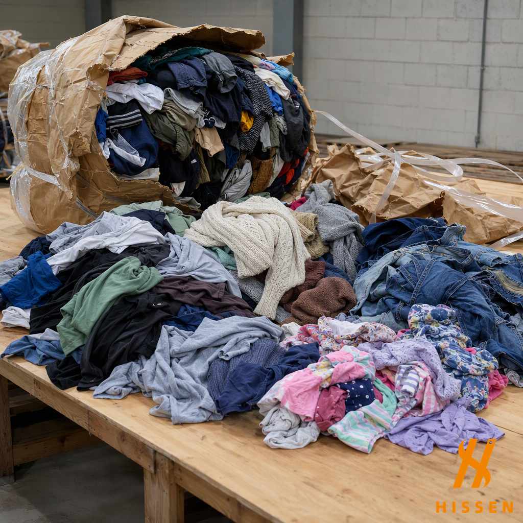 An opened compressed bale of second hand clothing spilling onto a sorting table with shirts, knitwear, denim and childrens items in separate piles