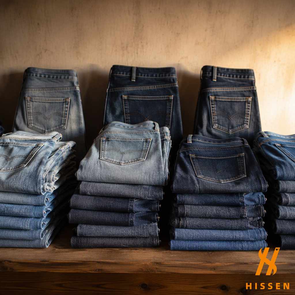 Folded second hand denim jeans stacked in columns on a wooden table, faded indigo washes with visible worn hems