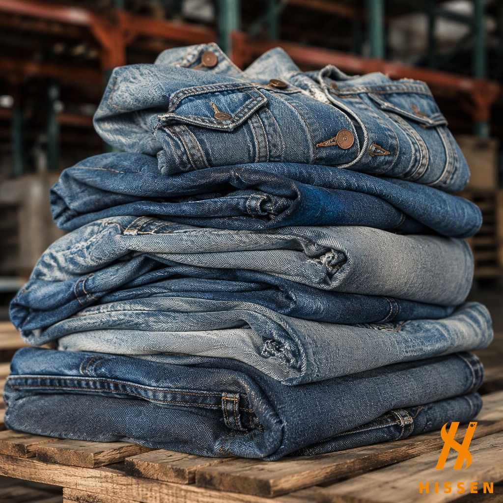 A stack of folded vintage denim jackets and faded jeans on a pallet in a warehouse