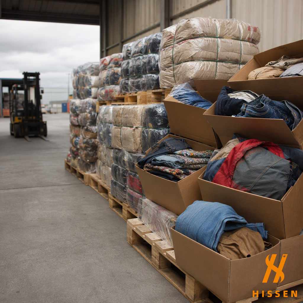 Wooden pallets stacked with open boxes of vintage clothing and wrapped bales ready for export