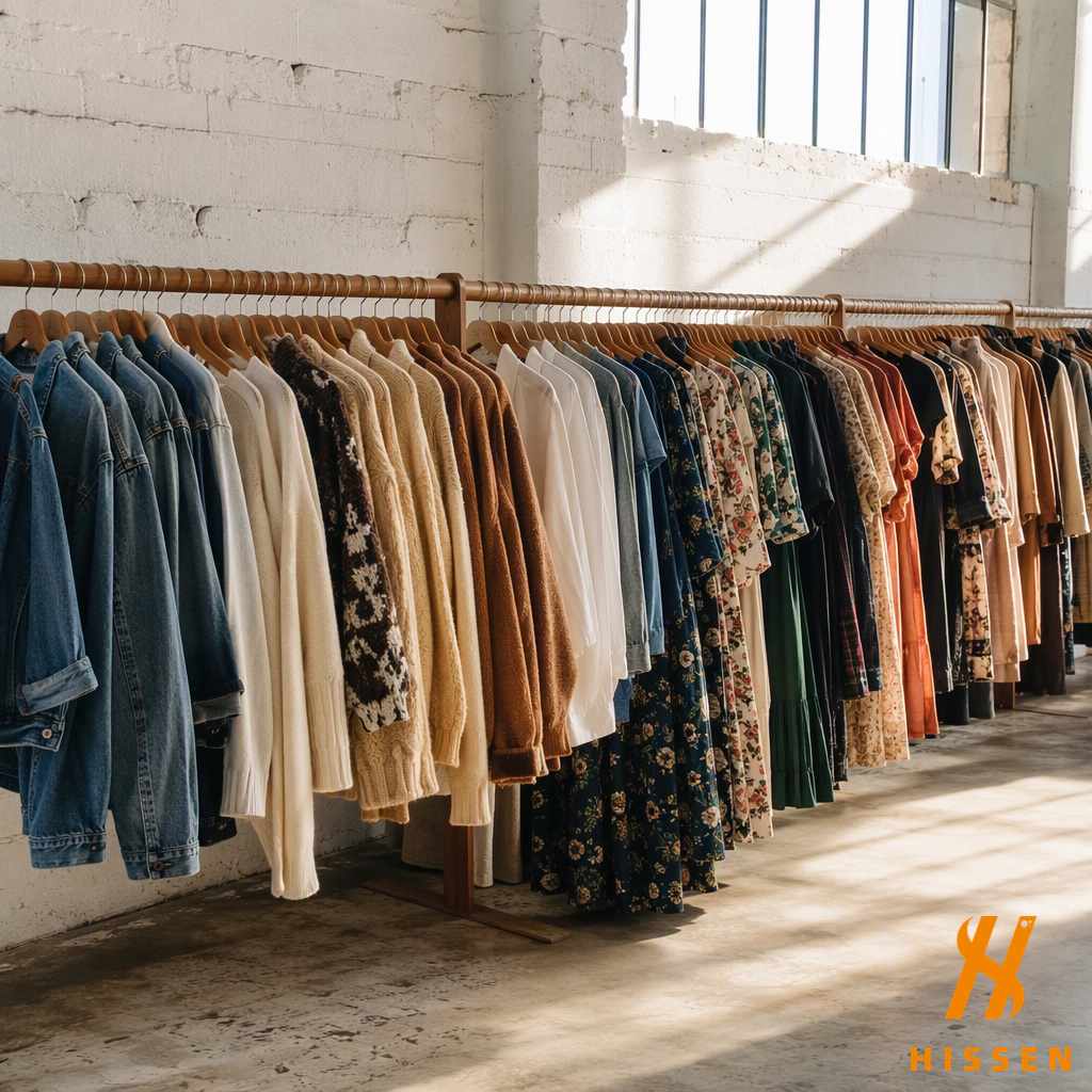 A long wooden rail holding hand selected second hand garments grouped by type, denim jackets, knitwear, floral dresses and shirts