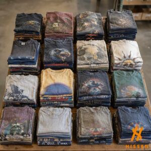 Neatly folded vintage graphic t-shirts stacked in tall piles on a wooden sorting table in a warehouse