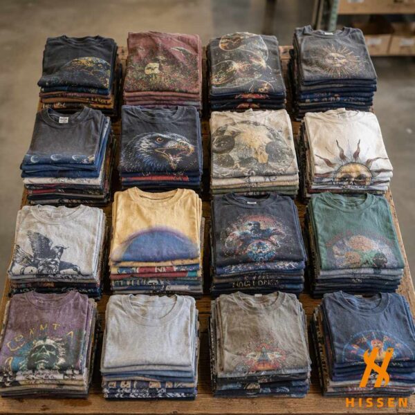 Neatly folded vintage graphic t-shirts stacked in tall piles on a wooden sorting table in a warehouse