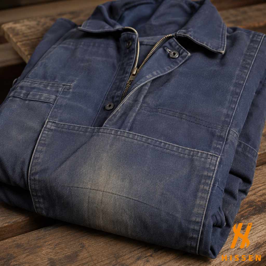 Close up of a folded second hand work coverall showing the knee panel, front zip and press stud placket