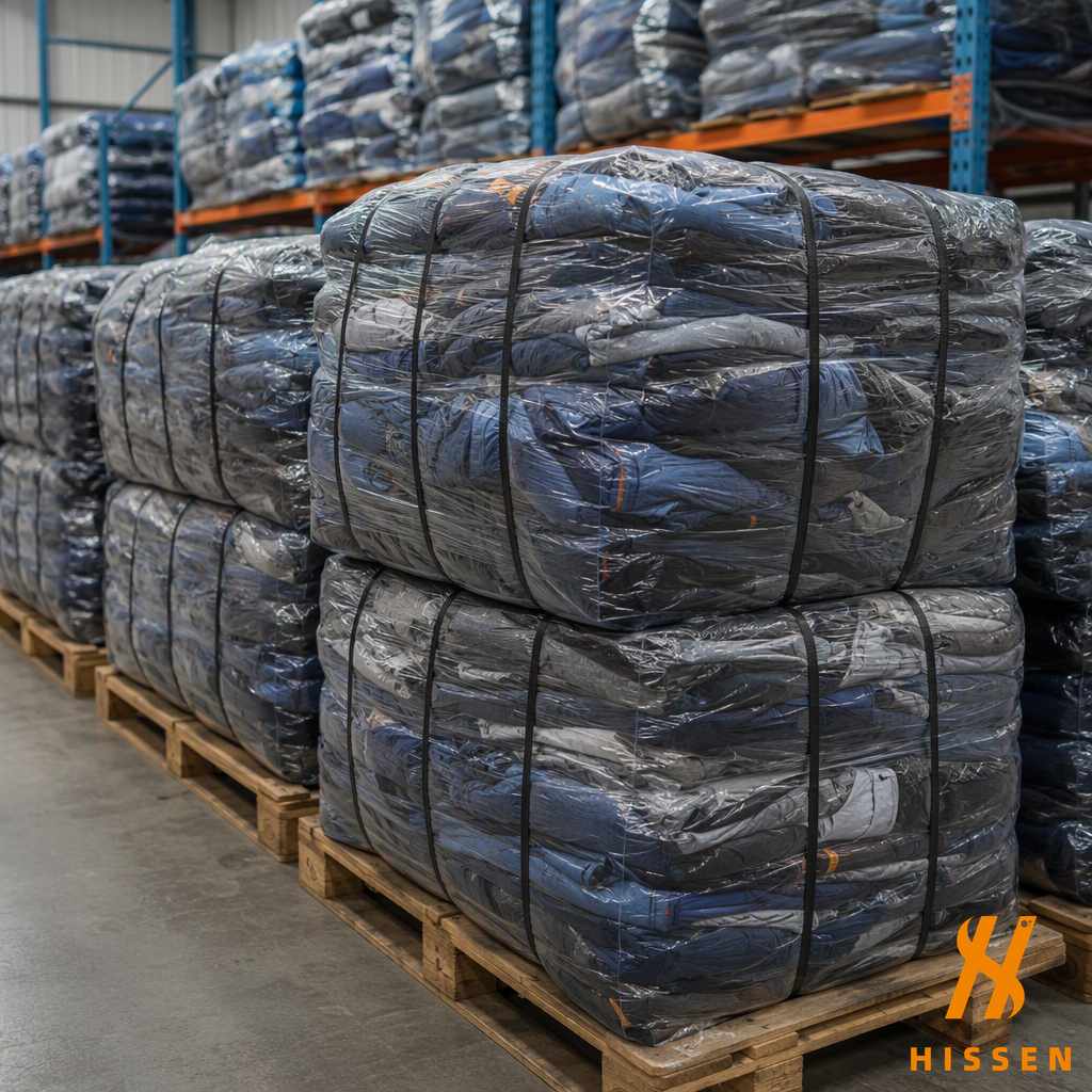 Compressed bales of second hand workwear stacked on wooden pallets in a warehouse aisle
