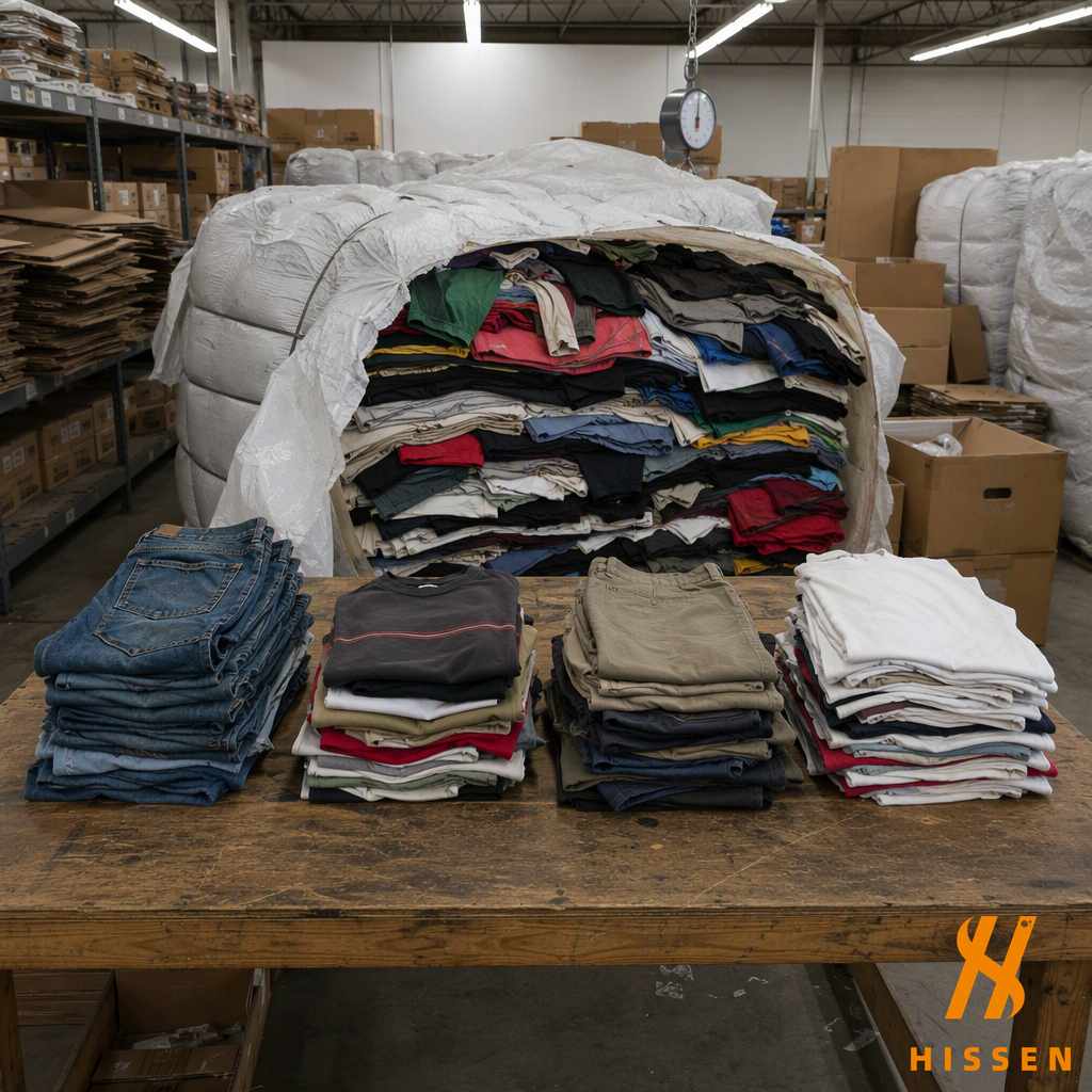 An opened bale of compressed clothing behind a sorting table carrying four neat piles of sorted early 2000s garments