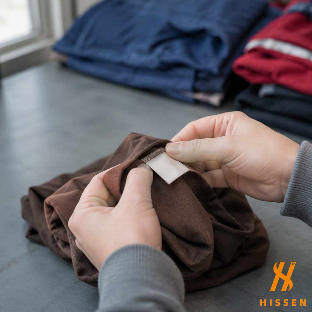 Hands turning out the inside care label of a folded 2000s garment on a sorting table
